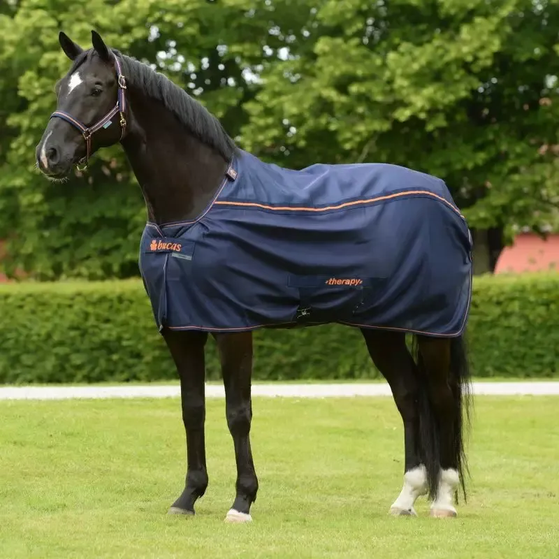 Promotion Saisonnire Couverture cheval Therapy Mesh Cooler Bucas - 145 cm - Marine / Orange