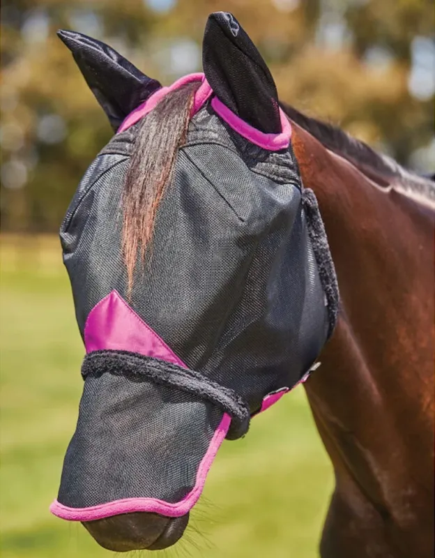 Masque anti-mouches Weatherbeeta ComFiTec Deluxe Durable Mesh oreilles et nez - Poney - Noir / violet Nouvel Arrivage