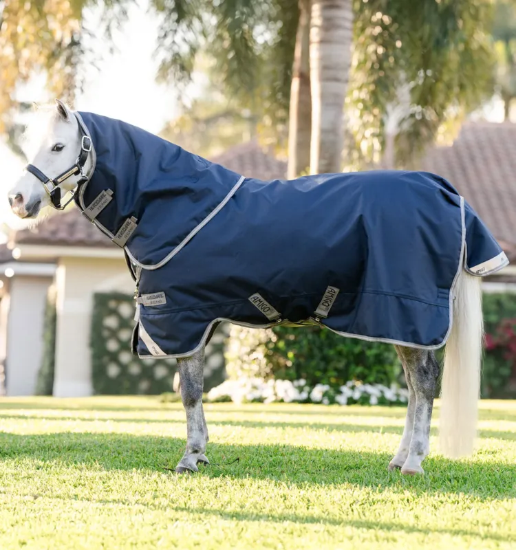 Usine Directe Couverture Horseware Amigo 1200D Plus Poney Turnout 50g - 80 cm - Marine / gris titane / argent