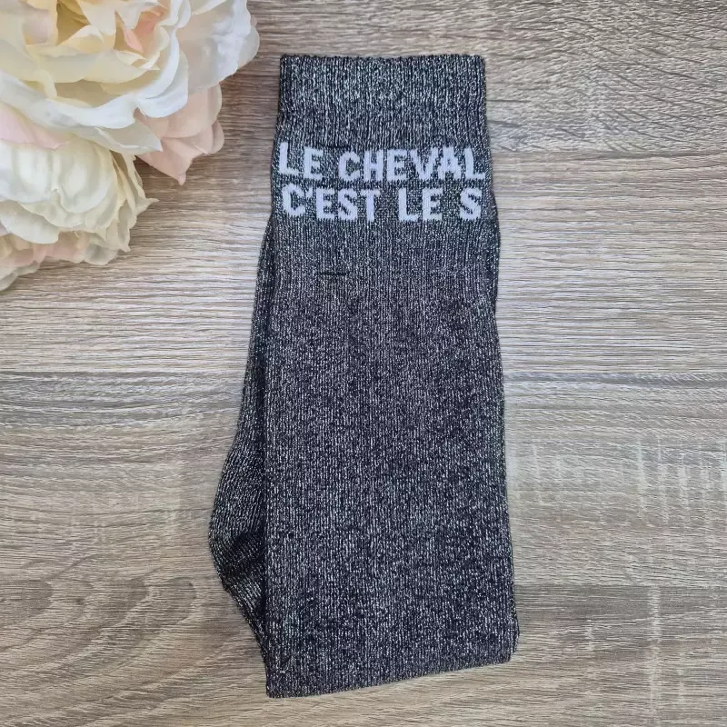 Chaussettes quitation paillettes Le cheval c'est le S Paillettes Attitude - Rose Usine Directe