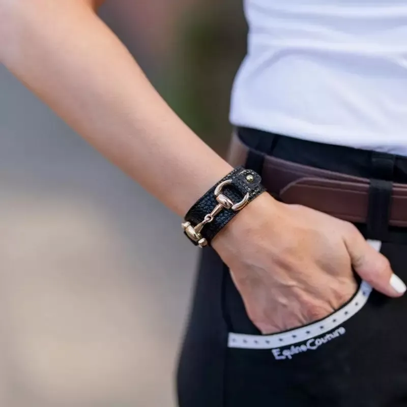 Livraison Gratuite Bracelet cavalier cuir mors dor - Noir