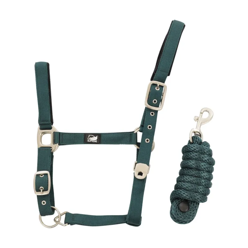 Satisfait Ou Rembours Licol en Nylon avec Renfort en Cuir et Longe Tresse Supreme – Cheval – Vert chasseur