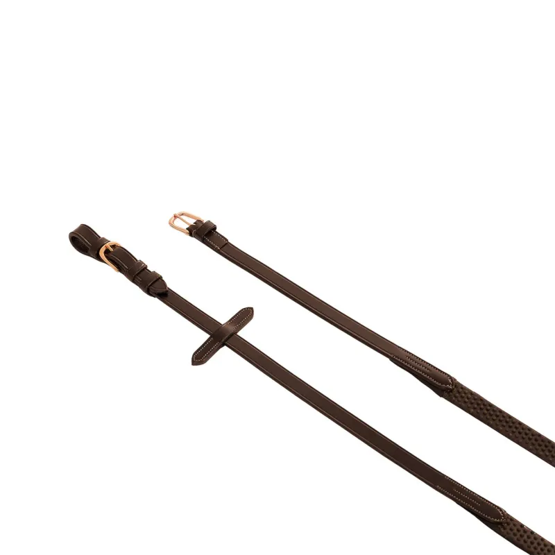 Acheter Direct Rnes en cuir et caoutchouc Kris avec boucles en or rose Equestro – Poney – Marron fonc