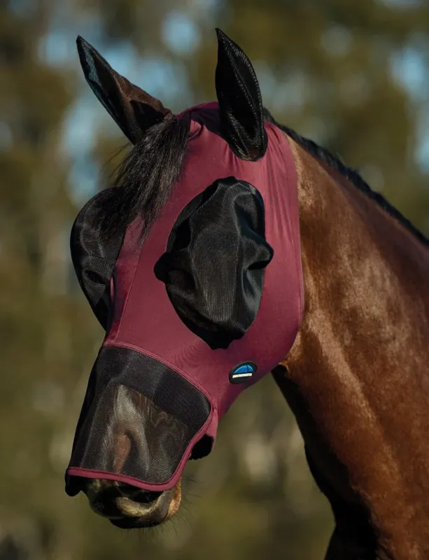 Offre Limite Masque anti-mouches Weatherbeeta ComFiTec Luxe Stretch avec oreilles et nez - M - Bordeaux / noir