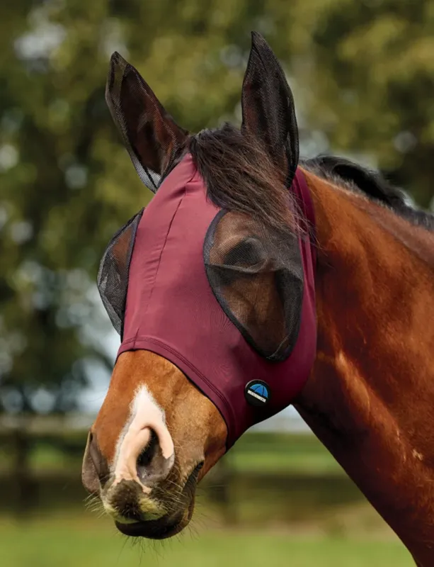Authentique Masque anti-mouches Weatherbeeta ComFiTec Deluxe Stretch avec oreilles – XL – Bordeaux / noir