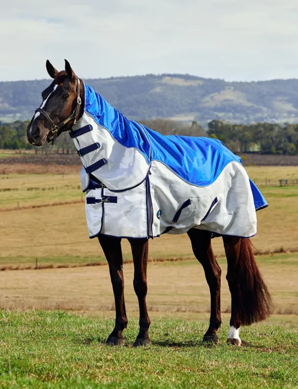 Vente Directe Couverture anti-mouches et impermable ComFiTec Duo Shield cou dtachable - 120 cm - Bleu / argent / marine