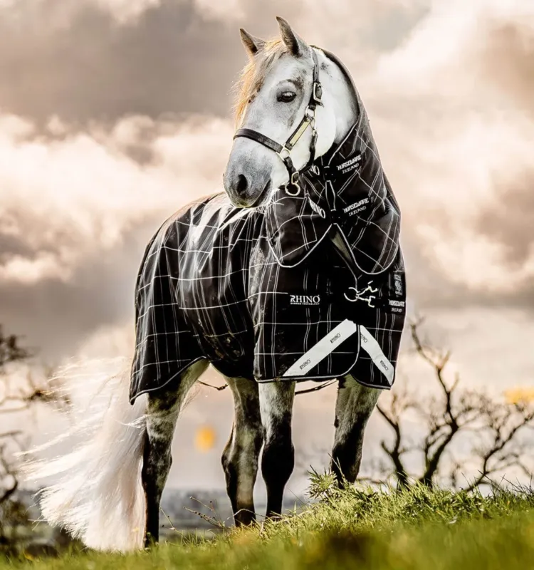 Affaire  Saisir Couverture Horseware Rhino Turnout Poney Bundle avec liner 0g et 200g – 75 cm – Carreaux noir / noir & blanc