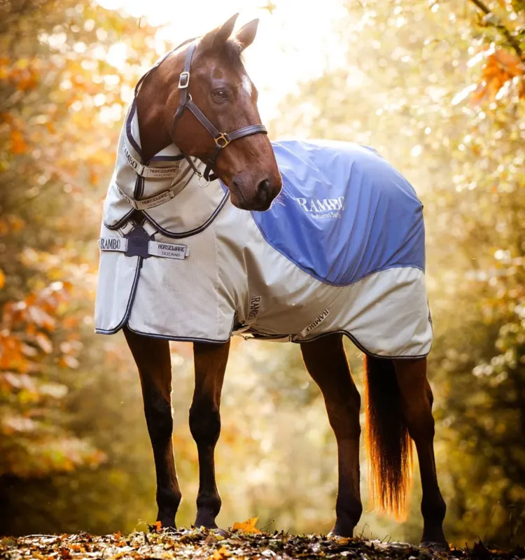 Nouvelle Collection Couverture d'extrieur Horseware Rambo Autumn Series fermeture disque extrieur 0g avec doublure 100g 900D - 155 cm - Marine / gris