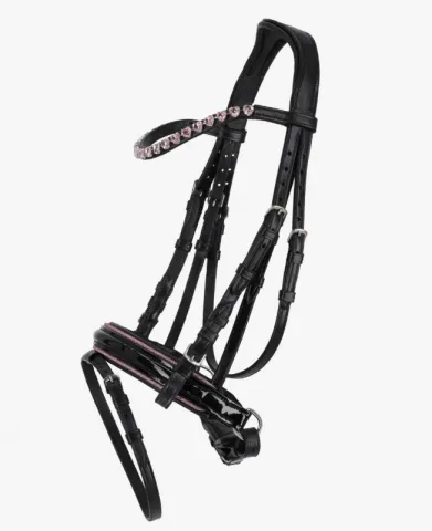 Bridon Bixie Rose avec rnes - QHP - Cuir noir, strass - Rose - Poney Promotion