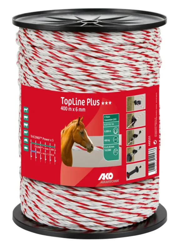 Nouvelle Collection Cordelette de clture TopLine Plus AKO - 400 m : 6 mm - Blanc / rouge